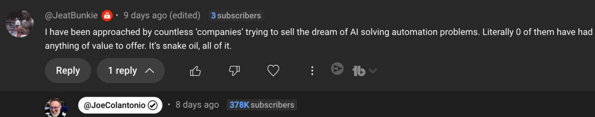 Screenshot of a YouTube comment thread. The comment by @LeadBunkie criticizes Al companies for overpromising solutions, referring to their offers as "snake oil." @JoeColantonio replied, mentioning the potential of Test Automation in mitigating some issues. 